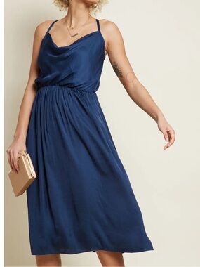 ModCloth Cowl Neck Sleeveless Midi Dress Navy Empire Waist Pockets Evening-XS